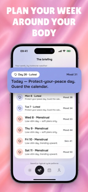 The Briefing in Hormoscope — a week-ahead hormone weather view for planning your week around your menstrual cycle